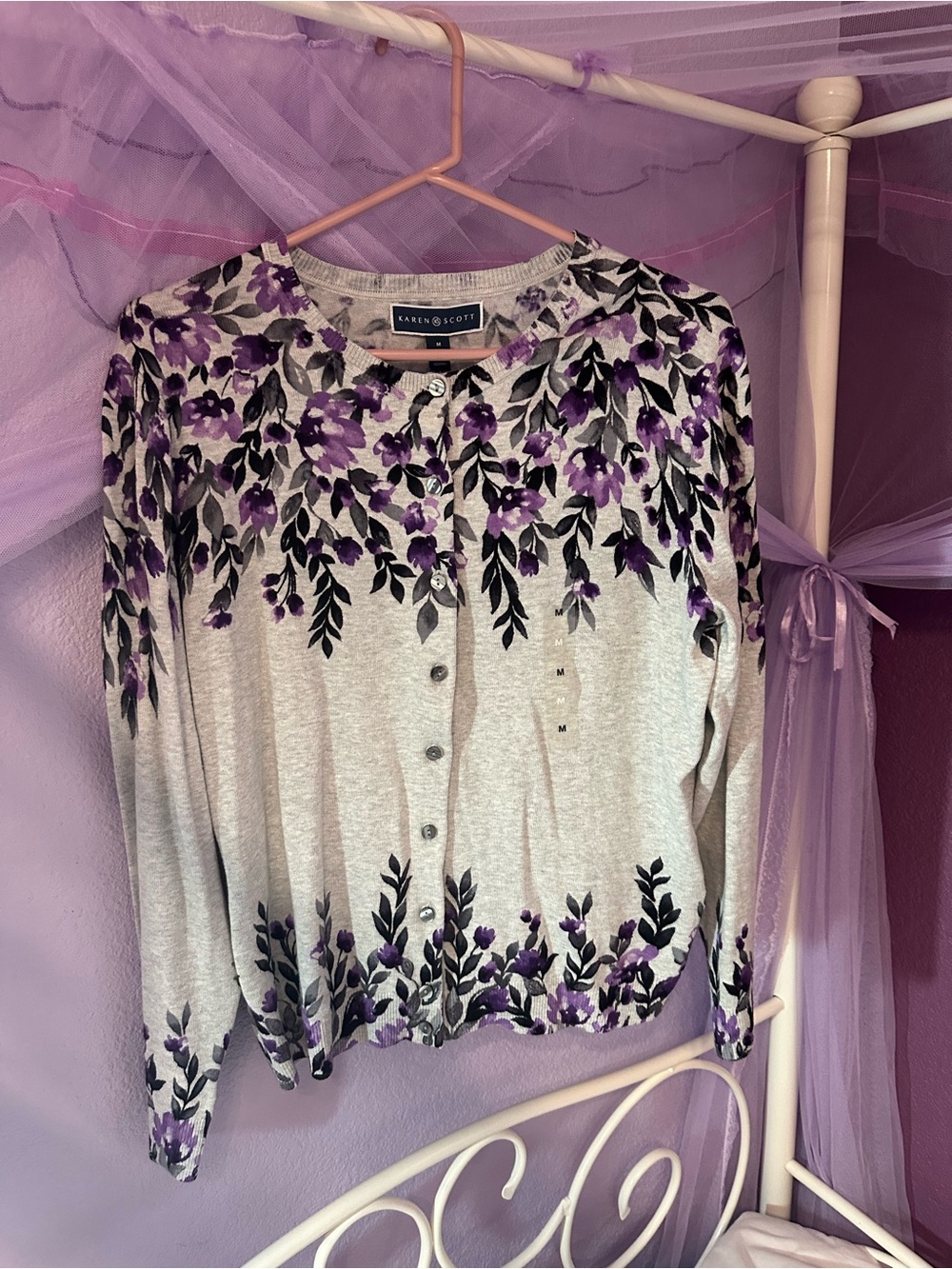 Karen Scott Gray Cardigan with Purple Floral Print